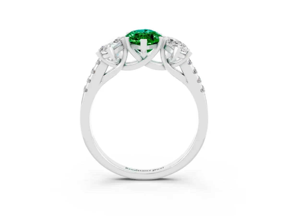 Three-Stone Marquise Cut Emerald Ring with Round Pavé Band and Prong Setting Silver