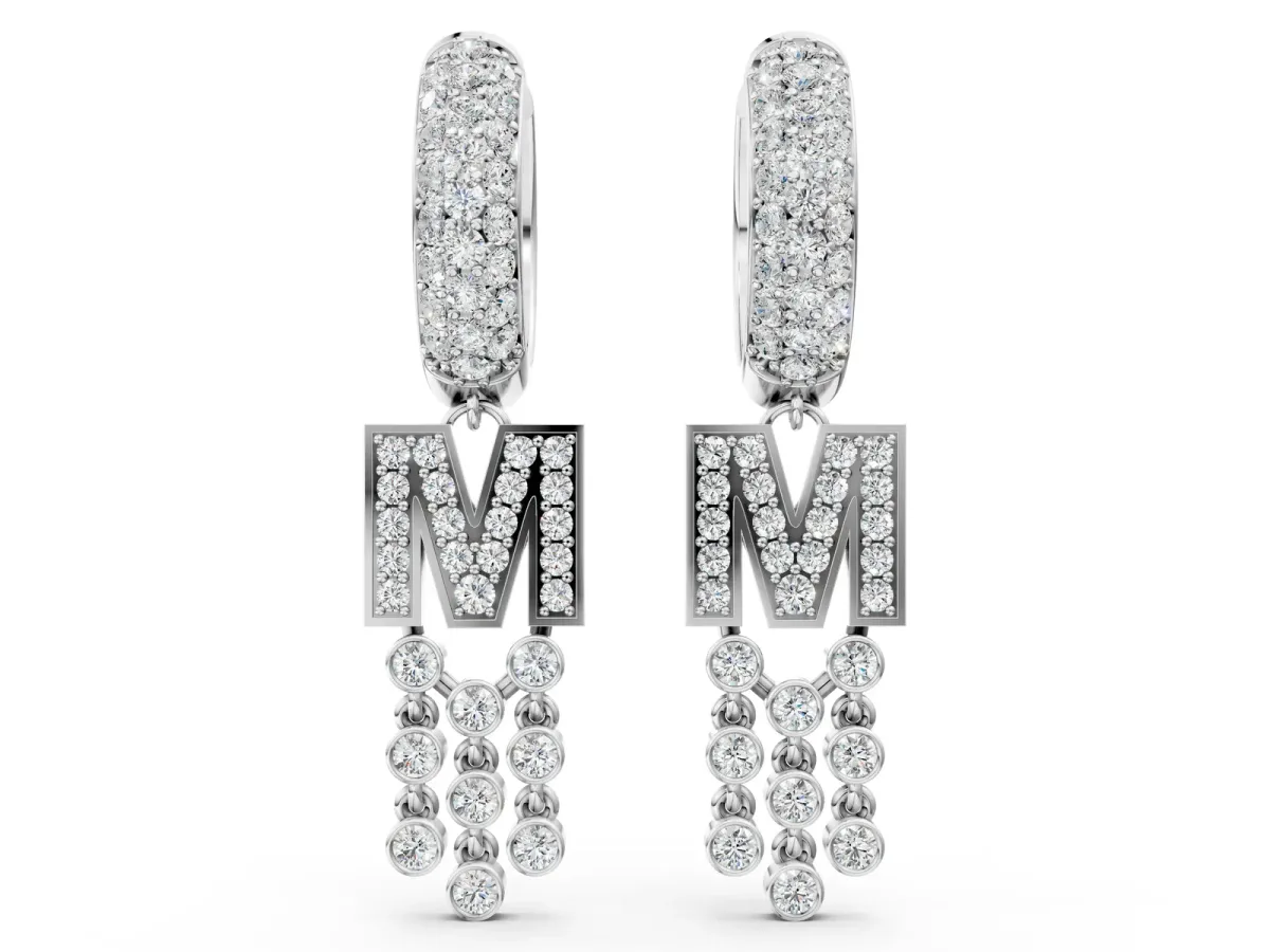 Round Diamond Initial M Huggie Hoop Earrings Silver
