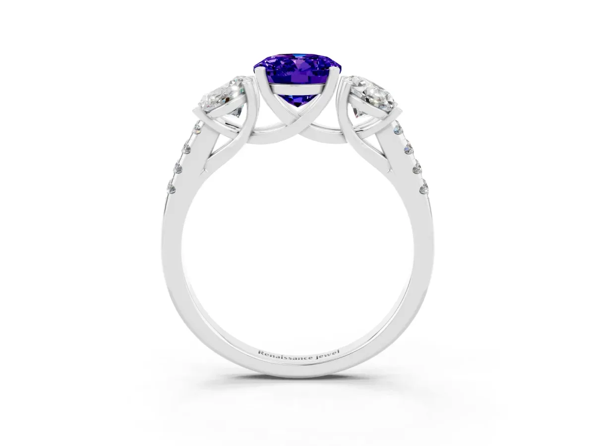 Three-Stone Oval Cut Tanzanite Ring with Round Pavé Band and Prong Setting Platinum