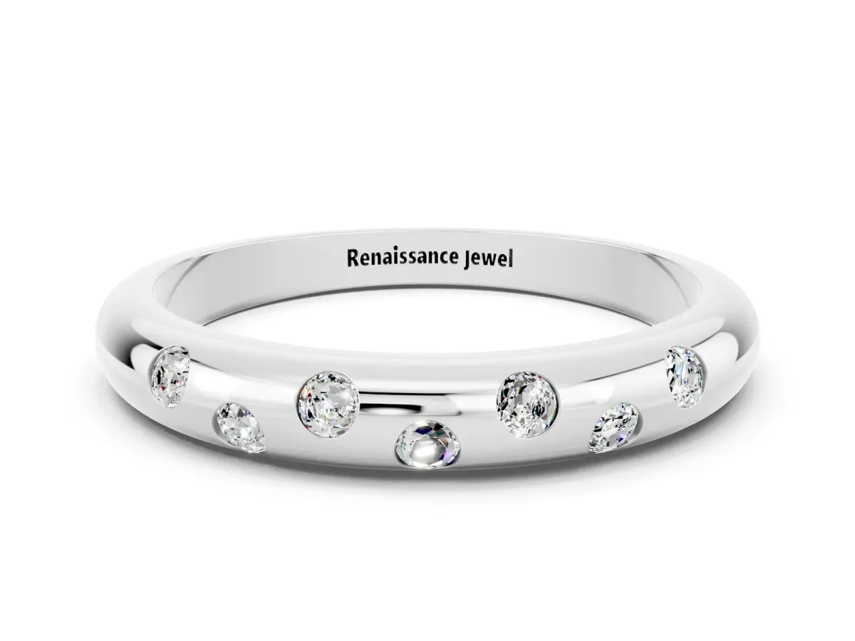 Round Moissanite Flush-Set Comfort Fit Band Silver