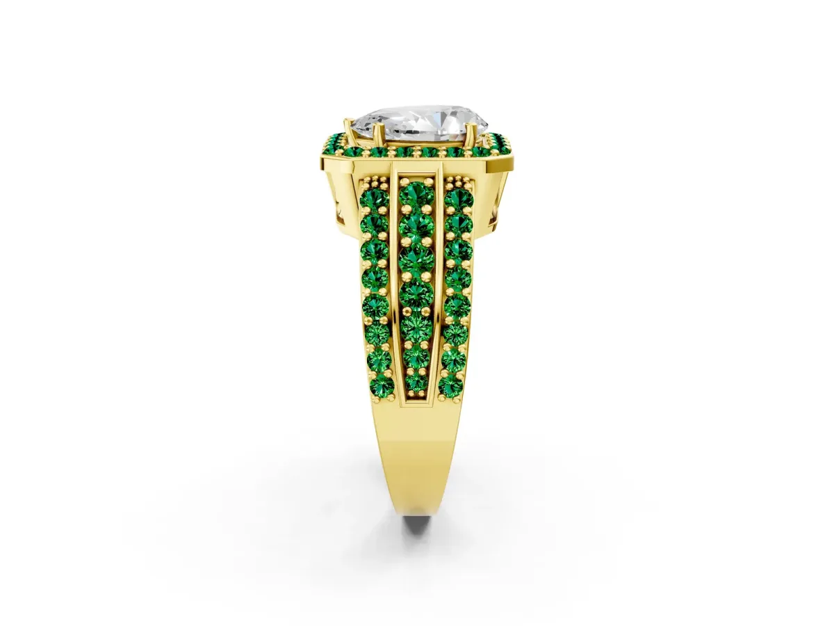 Pear Cut Halo Diamond Ring with Round Emerald Split Shank and Prong Setting Yellow gold