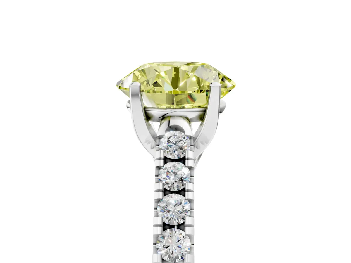 Fancy Yellow Round Cut Diamond Pavé Band Solitaire Ring with Prong Setting White gold