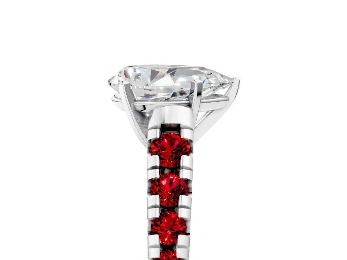Pear Cut Diamond Cathedral Solitaire Ring with Round Ruby Pavé Band Silver