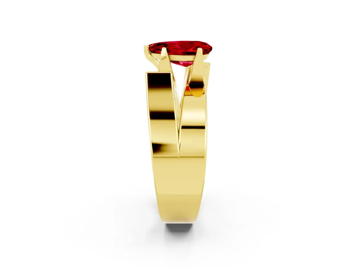 Modern Tension Set Pear Cut Ruby Solitaire Wide Band Ring Yellow gold