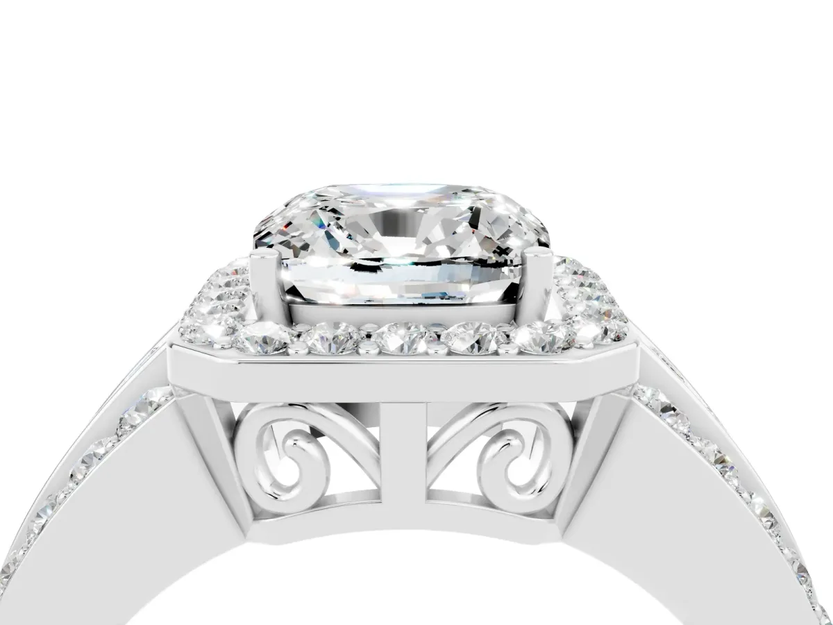 Cushion Cut Halo Moissanite Ring with Round Split Shank and Prong Setting Platinum