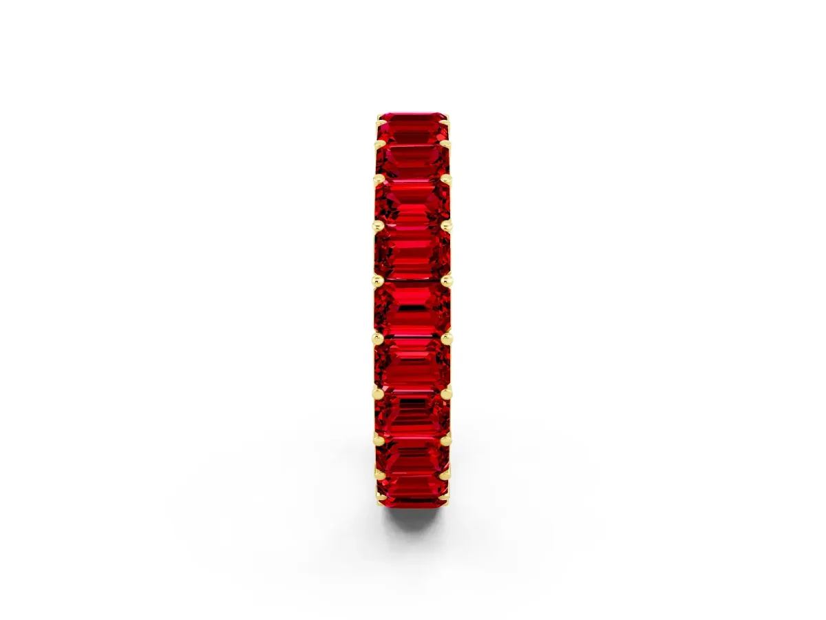Emerald Cut Ruby Eternity Band with Shared Prong Setting Yellow gold