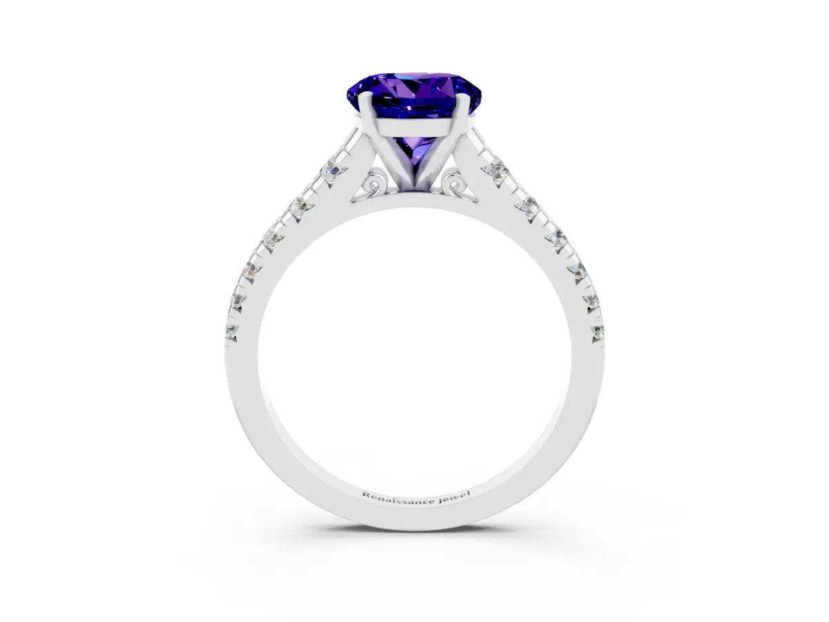Round Cut Tanzanite Cathedral Solitaire Ring with Round Pavé Band Silver