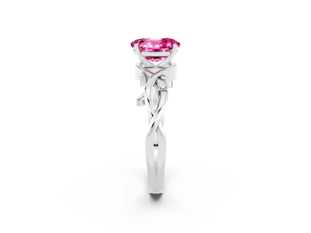 Oval Cut Pink Sapphire Solitaire Ring with Twisted Band and Prong Setting Platinum