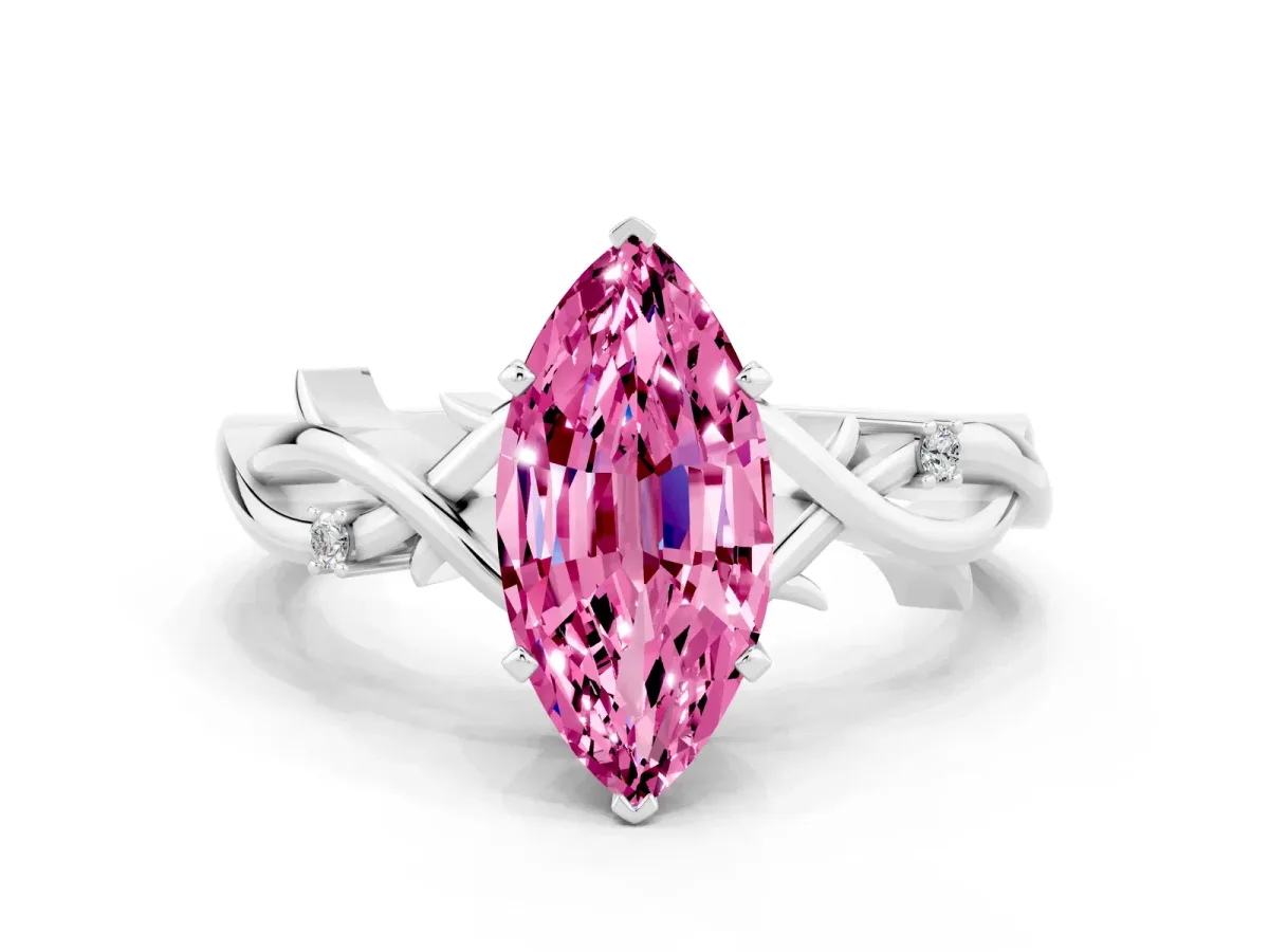 Marquise Cut Pink Sapphire Solitaire Ring with Twisted Band and Prong Setting Silver