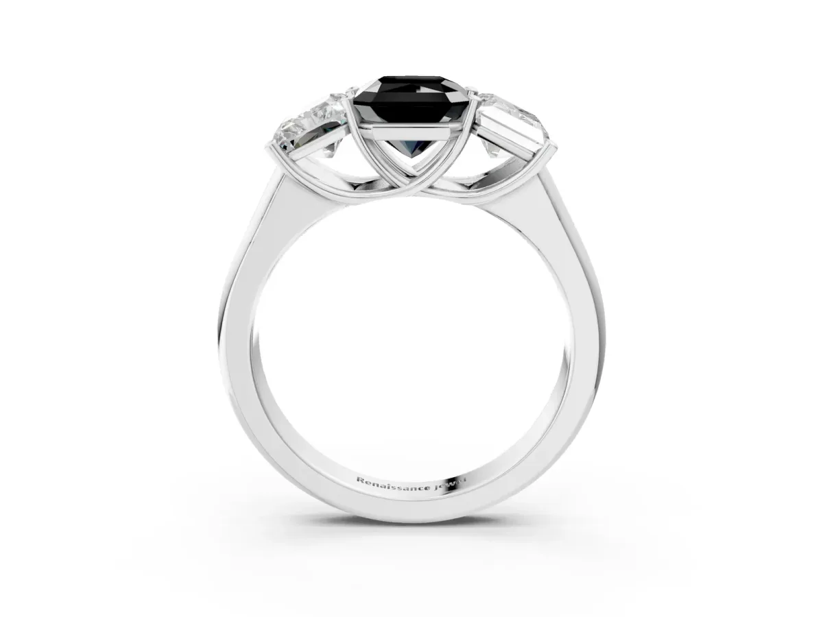 Fancy Black Radiant Cut Three-Stone Diamond Ring with Prong Setting on a Classic Band Platinum