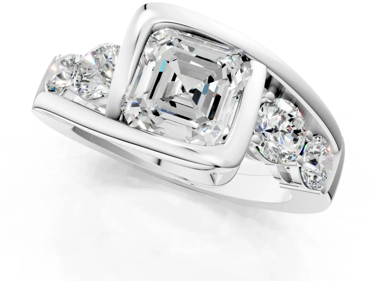 Bezel Set Asscher Cut Diamond Bypass Ring with Round Accents White gold