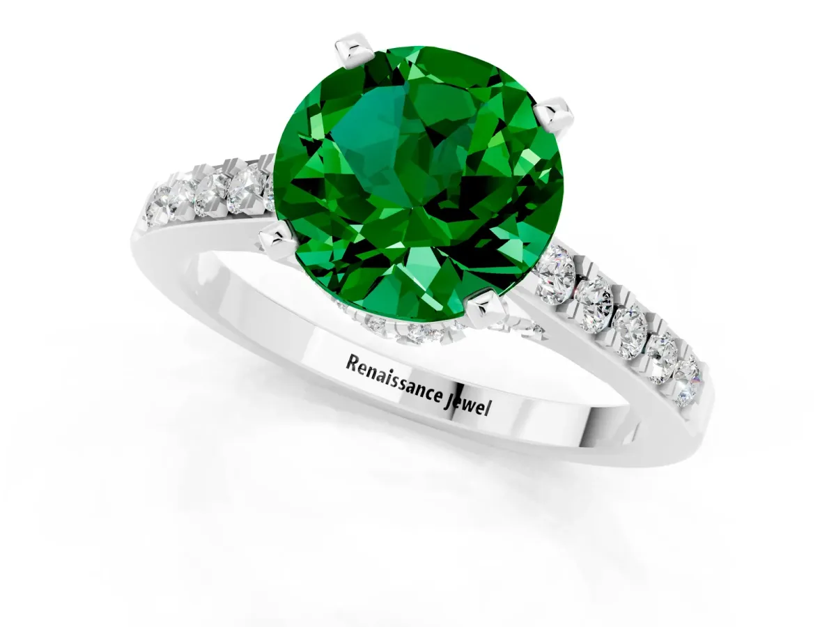 Round Cut Emerald Solitaire Ring with Crossover Gallery and Round Pavé Band Silver
