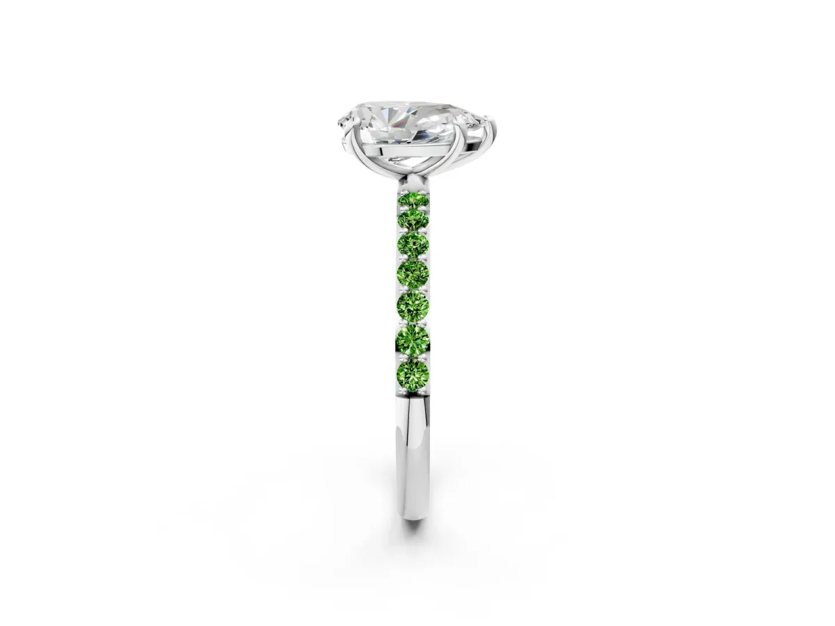 Pear Cut Diamond Solitaire Ring with Round Peridot Pavé Band and Prong Setting Platinum