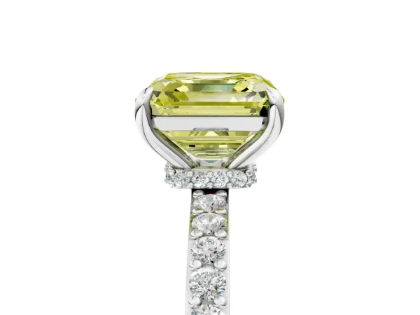 Fancy Yellow Asscher Cut Diamond Solitaire Engagement Ring with Pavé Band and Four-Prong Setting Platinum