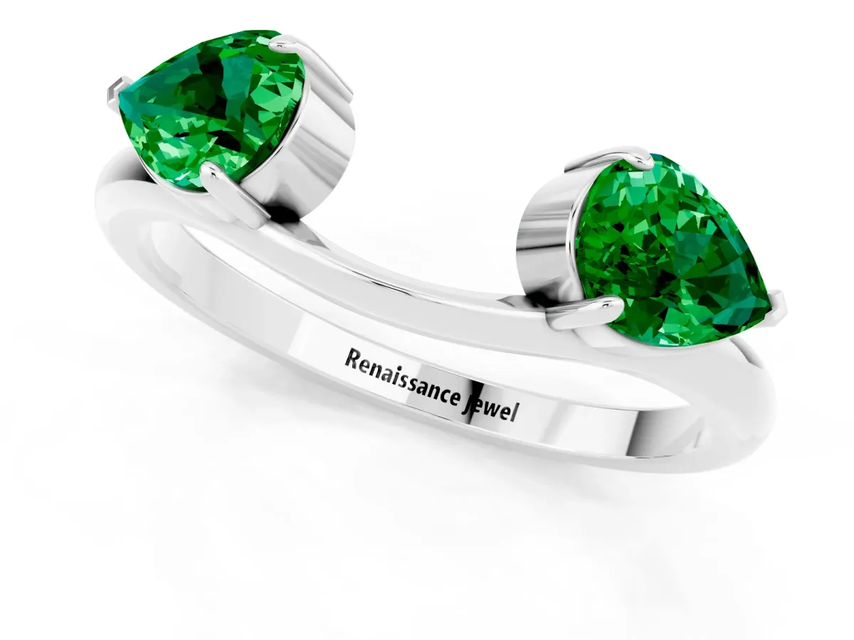 Two-Stone Pear Emerald Bypass Ring with Prong Setting Platinum