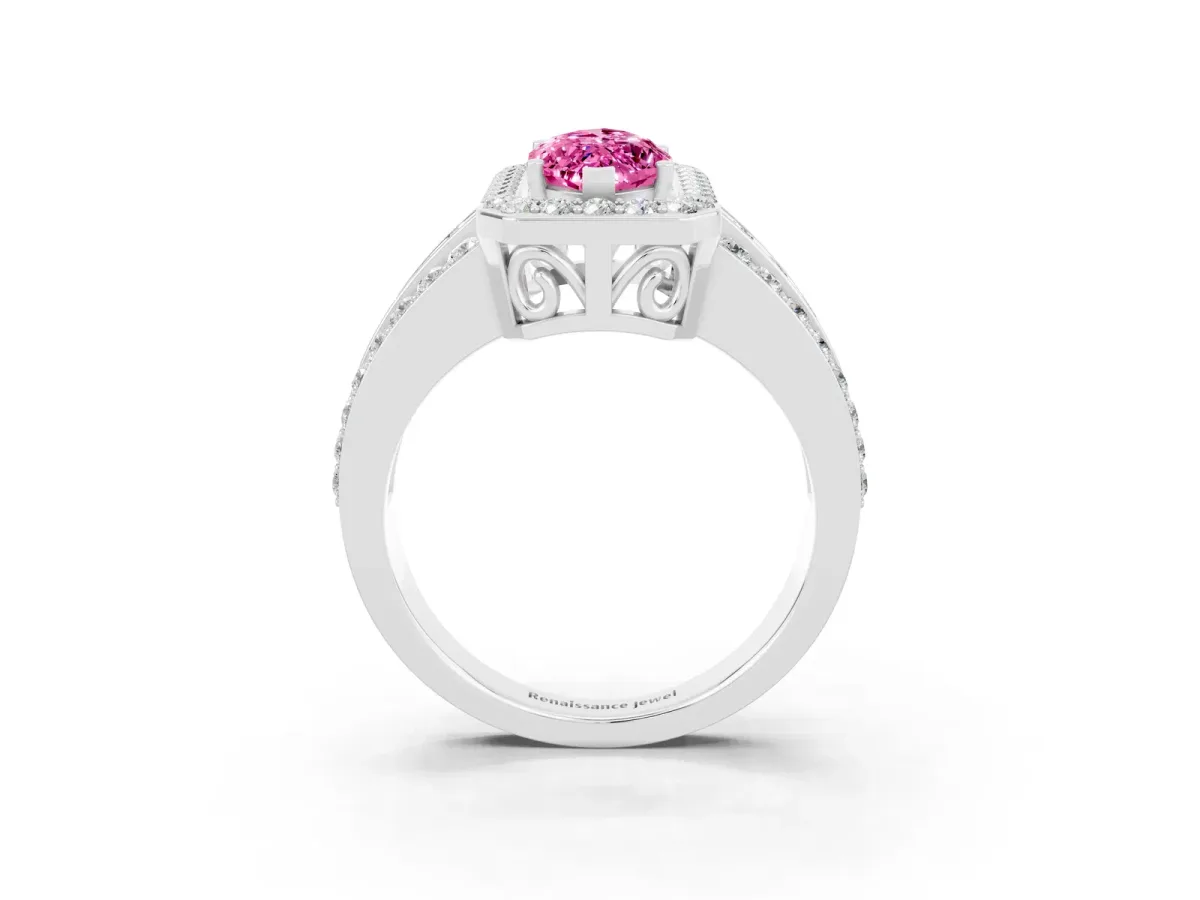 Marquise Cut Halo Pink Sapphire Ring with Round Split Shank and Prong Setting Silver