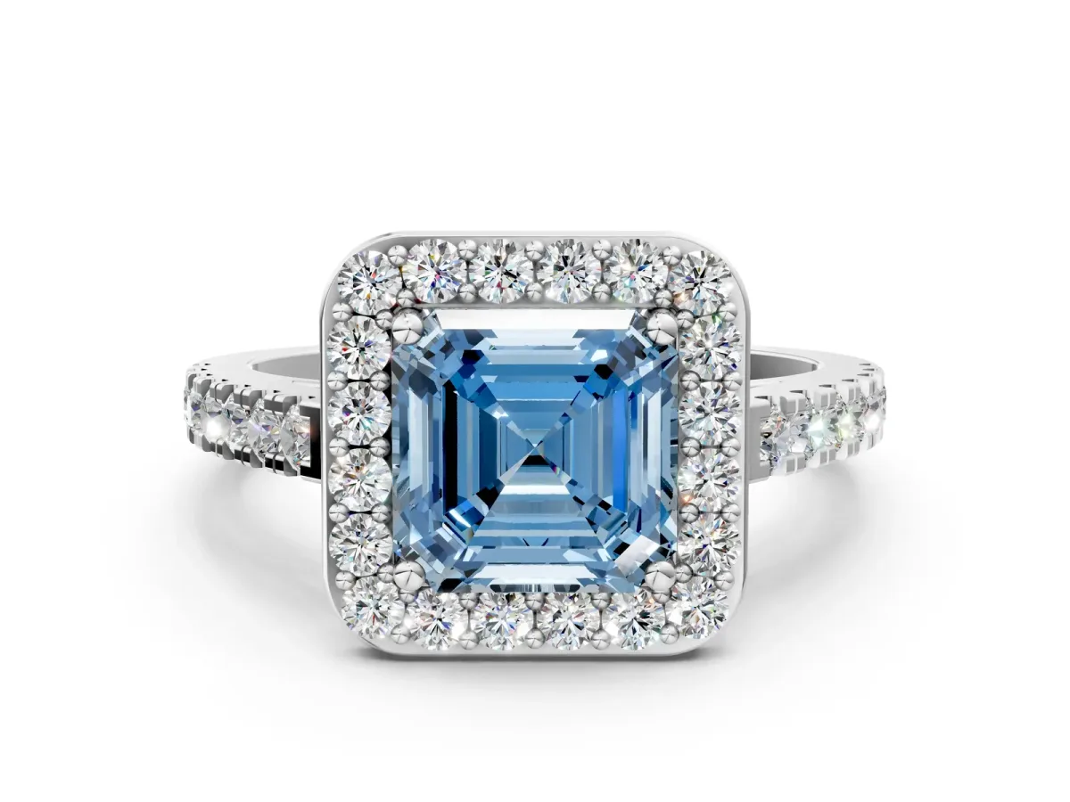 Fancy Blue Asscher Cut Diamond Halo Ring with Round Pavé Split Shank and Prong Setting Platinum