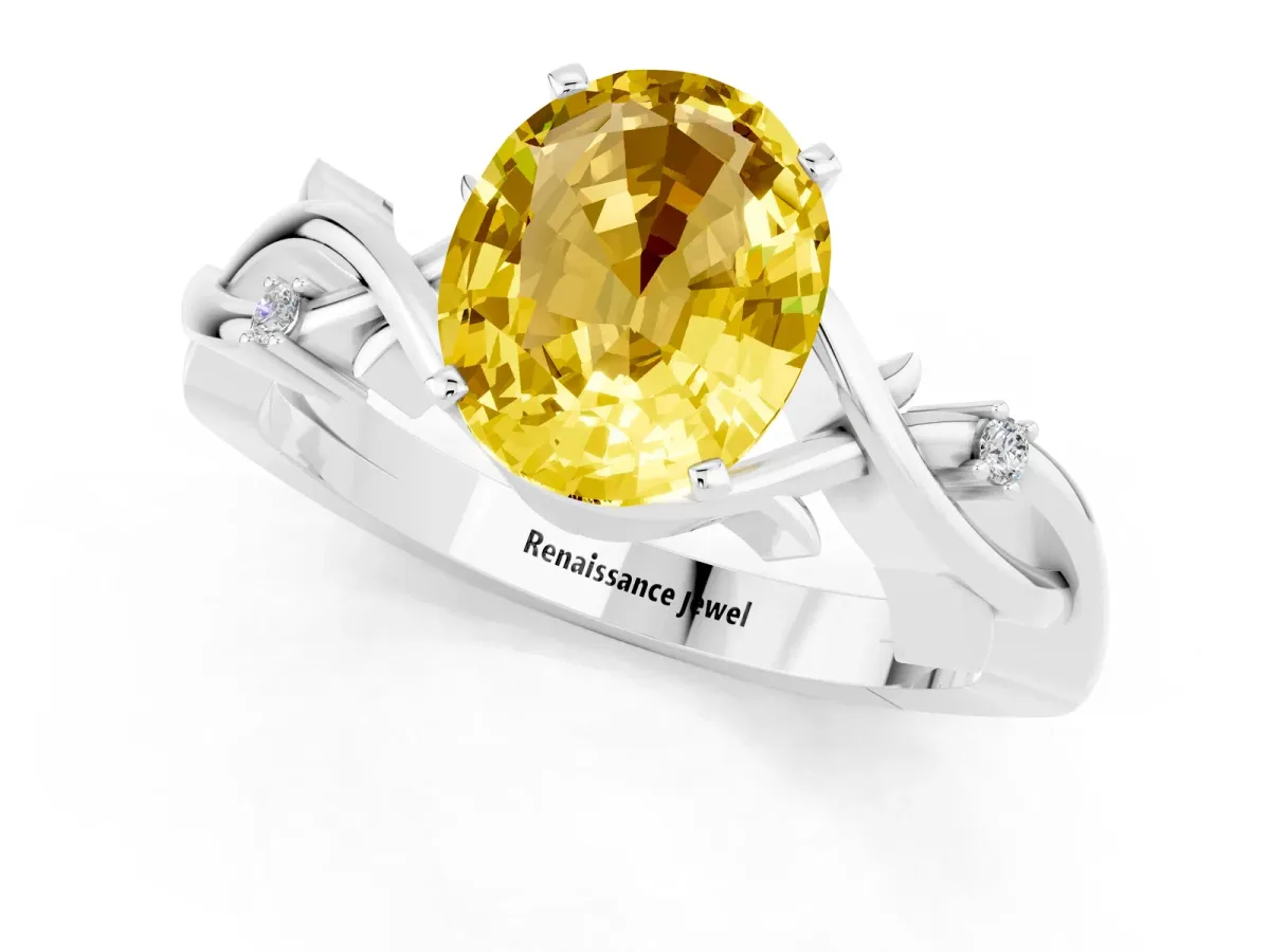 Oval Cut Yellow Sapphire Solitaire Ring with Twisted Band and Prong Setting Platinum
