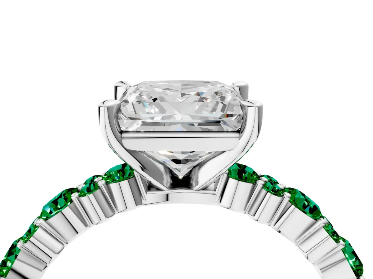 Princess Cut Diamond Side Stone Solitaire Ring with Round Emerald and Four-Prong Setting Platinum