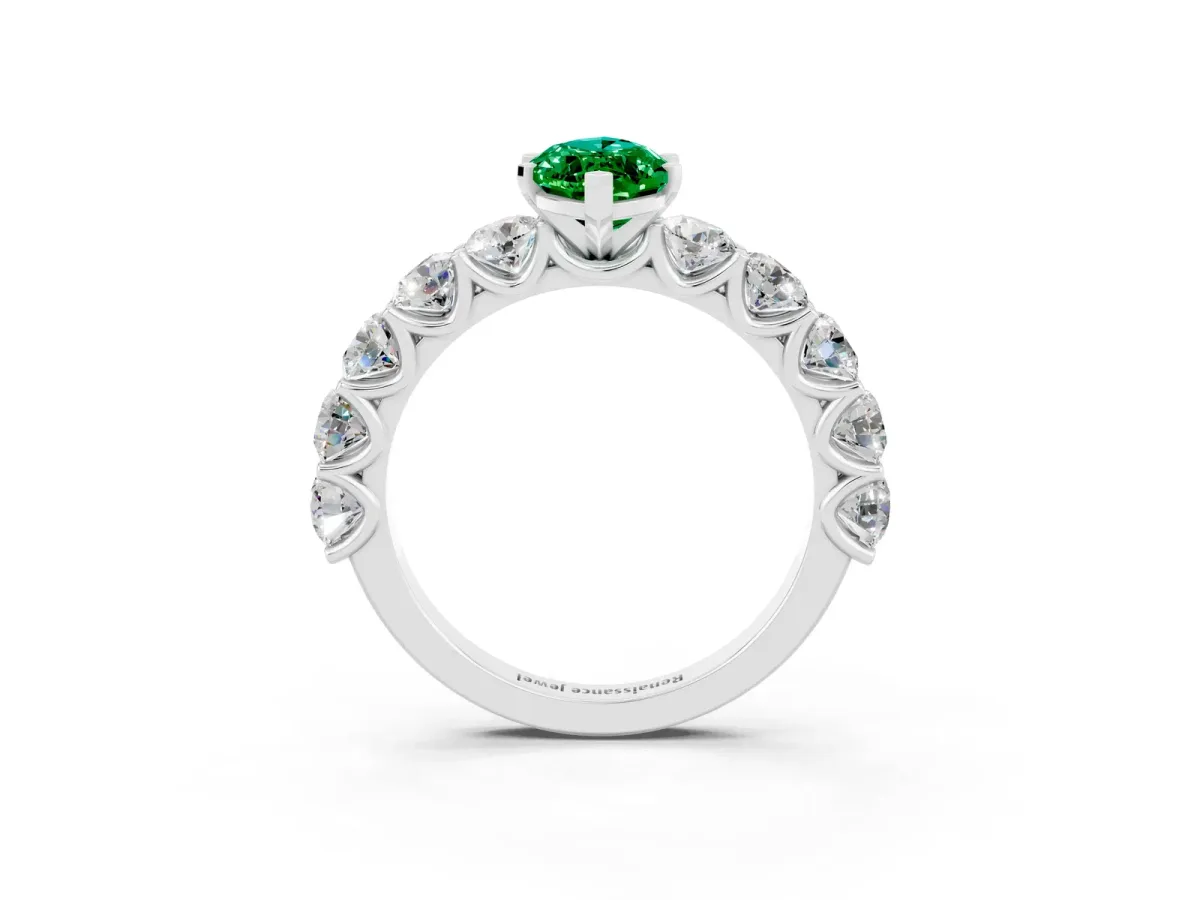 Marquise Cut Emerald Prong Setting with Side Stones on a Pave Band Silver