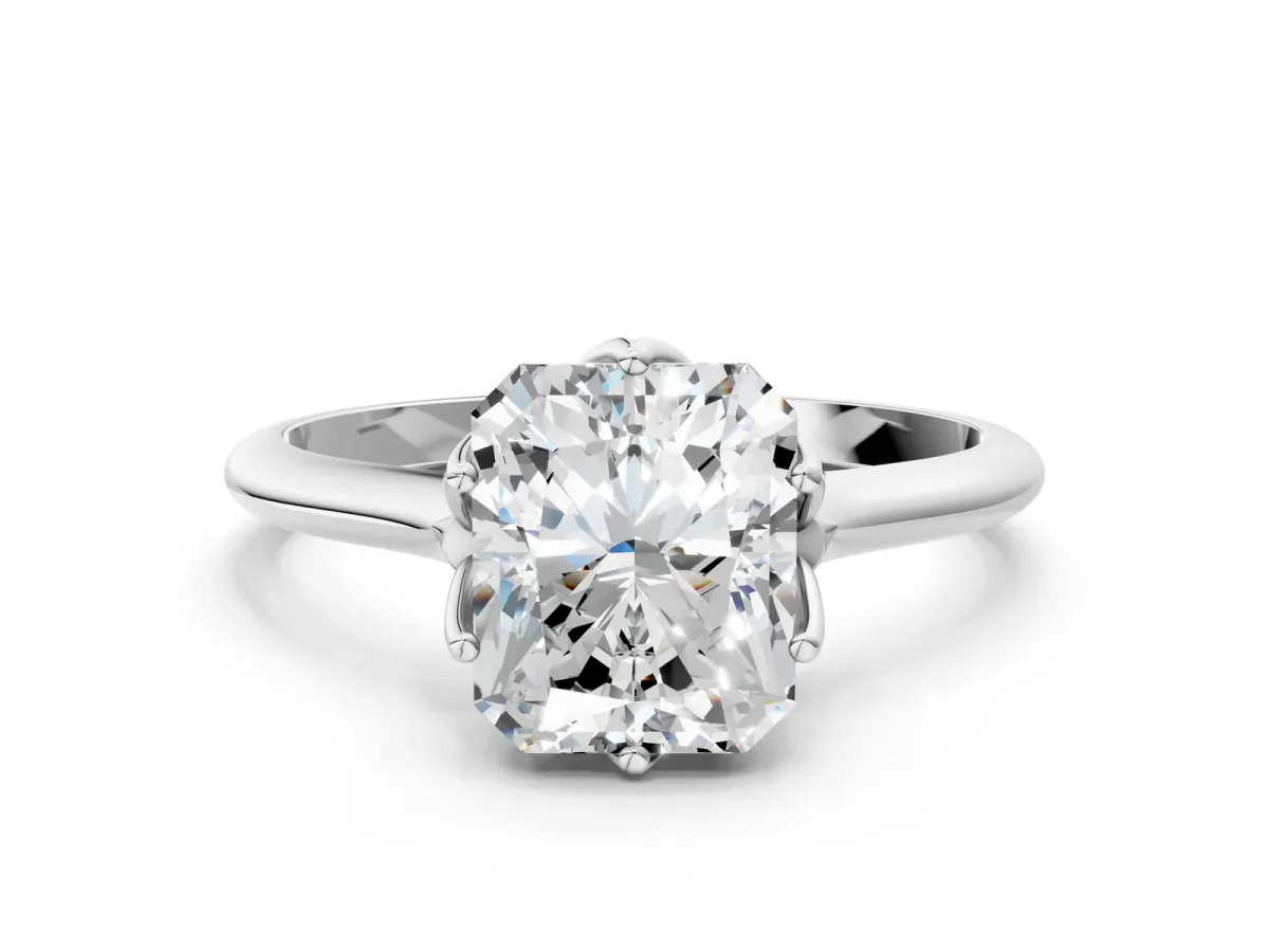 Radiant Cut Solitaire Cathedral Diamond Ring with Six-Prong Setting Platinum