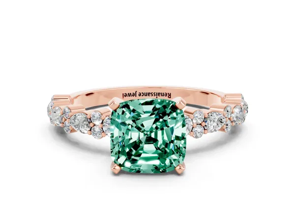 Cushion Cut Green Sapphire Side Stone Solitaire Ring with Round and Four-Prong Setting Rose gold