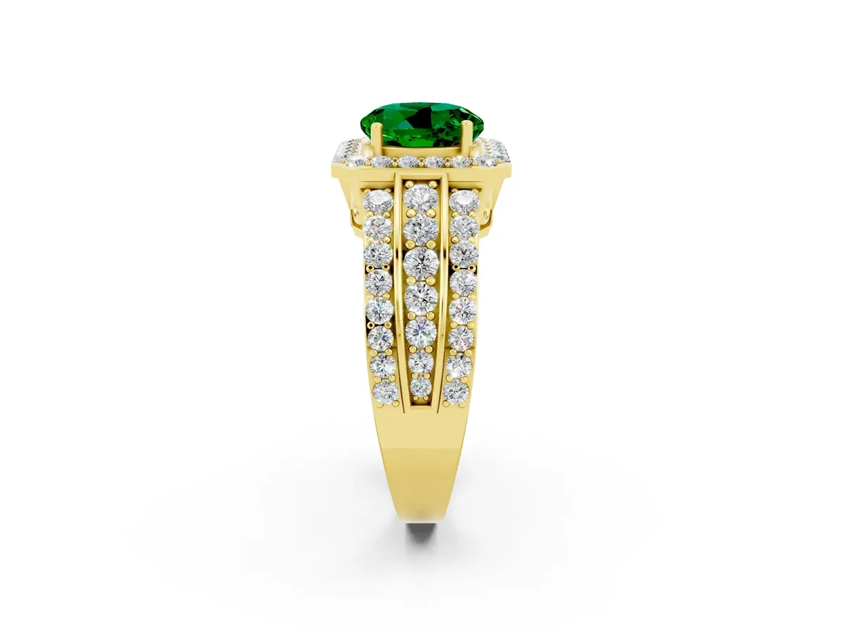 Round Cut Halo Emerald Ring with Round Split Shank and Prong Setting Yellow gold