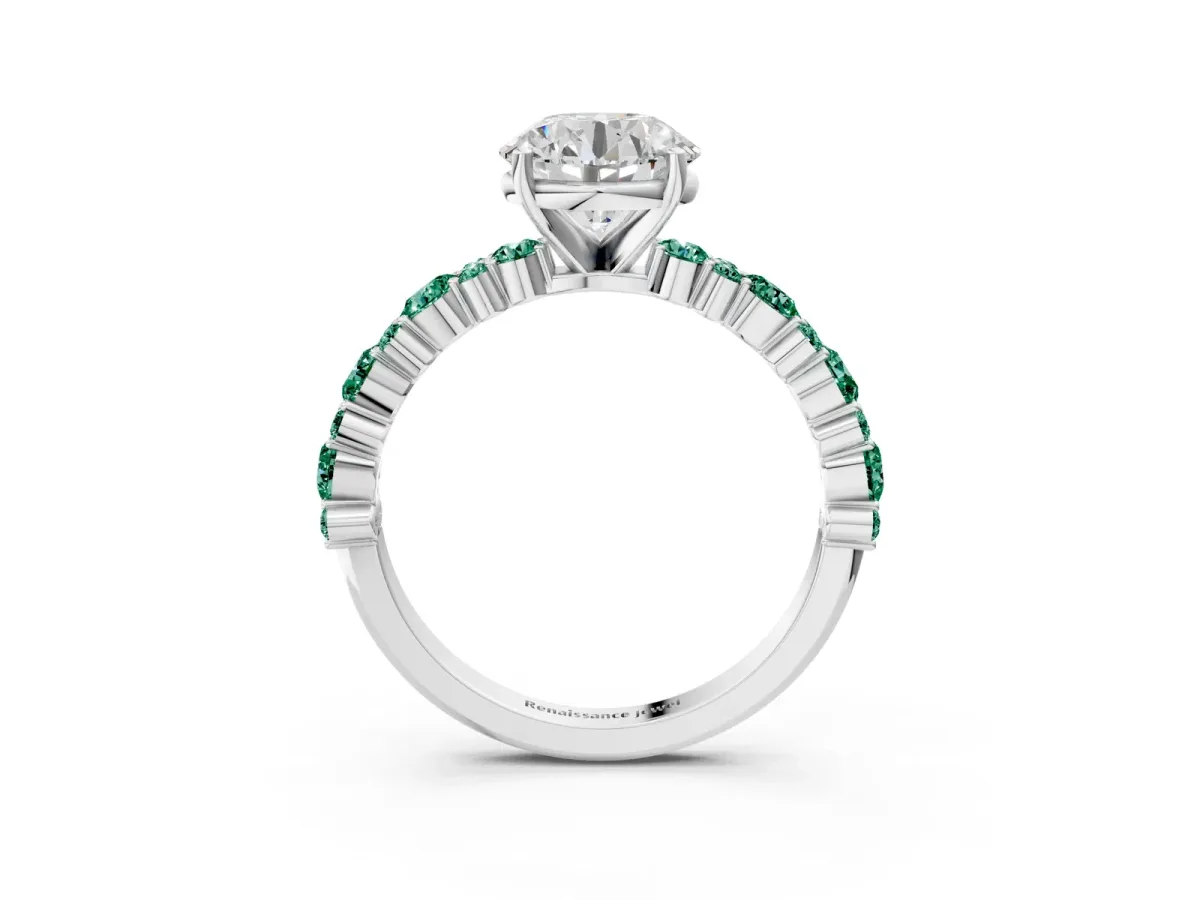 Round Cut Diamond Side Stone Solitaire Ring with Round Green Sapphire and Four-Prong Setting Silver