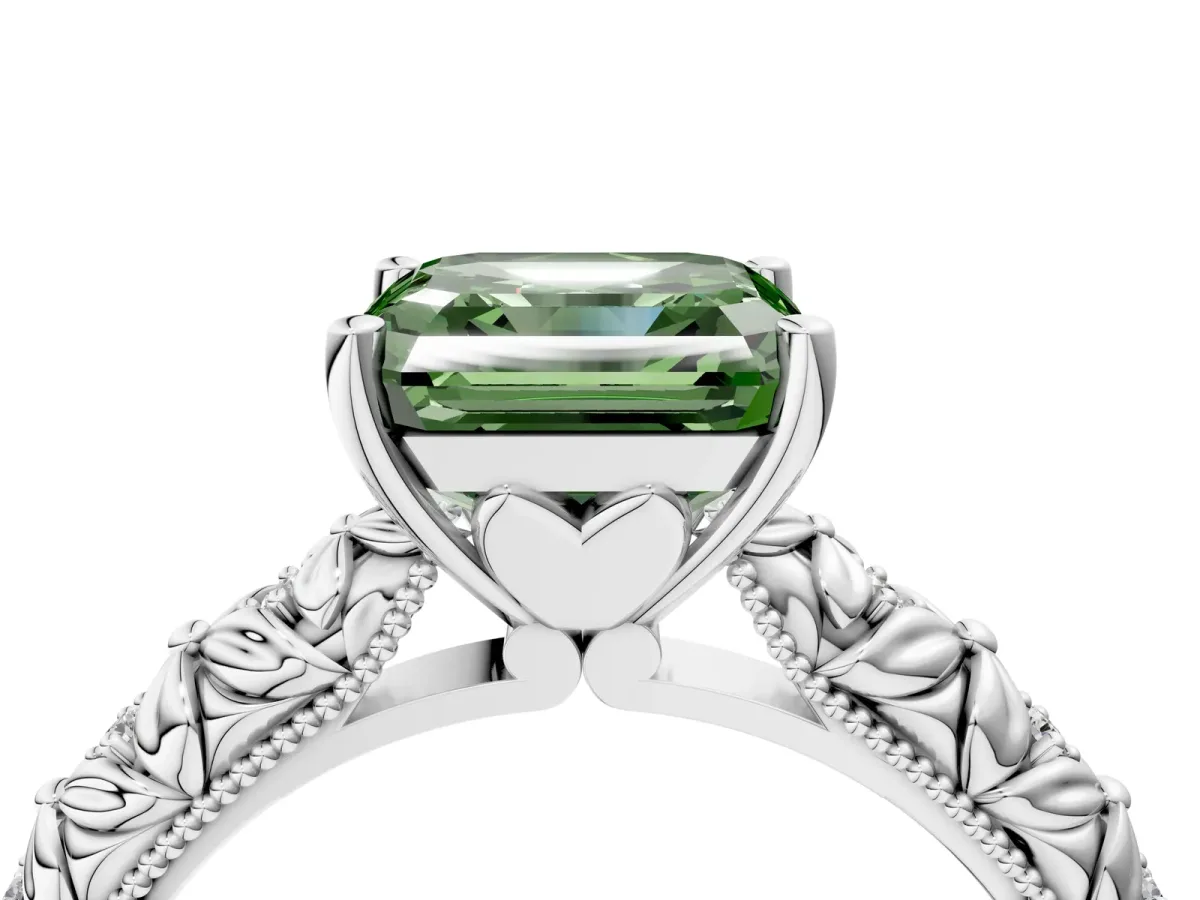 Fancy Green Asscher Cut Solitaire Floral Milgrain Engagement Ring Platinum