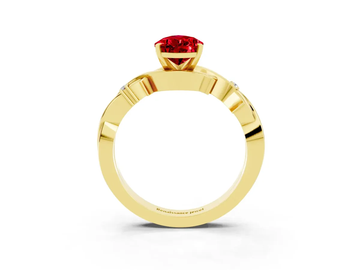 Pear Cut Ruby Solitaire Ring with Twisted Band and Prong Setting Yellow gold