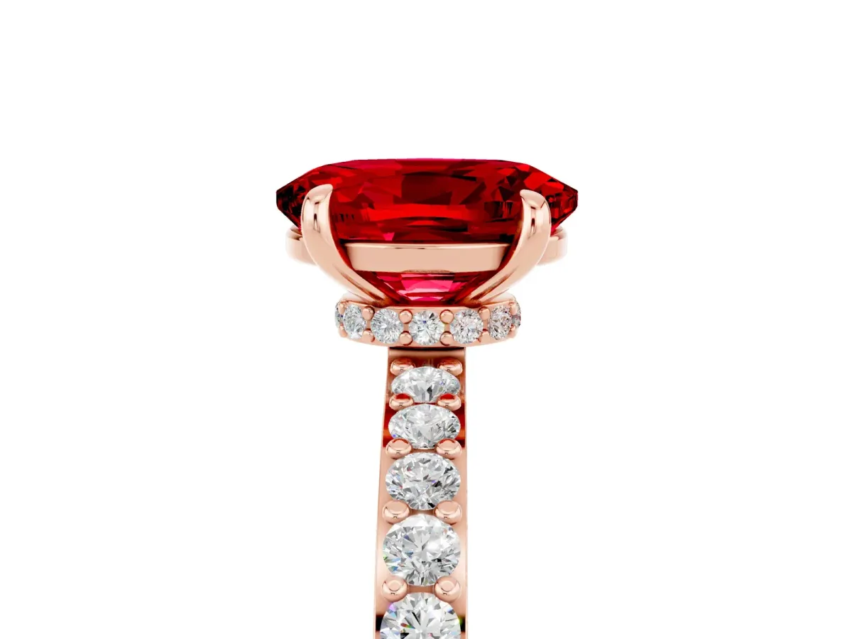 Oval Cut Ruby Solitaire Engagement Ring with Pavé Band and Four-Prong Setting Rose gold