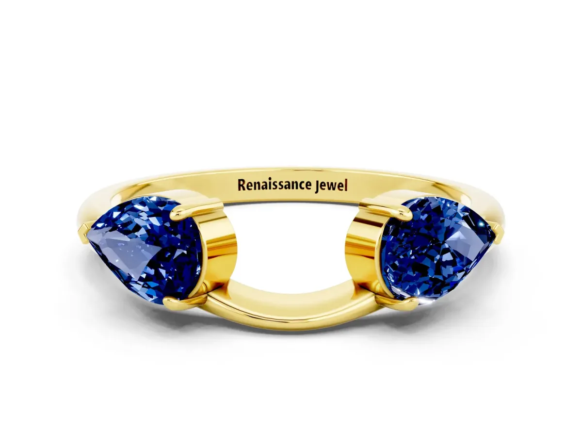 Two-Stone Pear Blue Sapphire Bypass Ring with Prong Setting Yellow gold