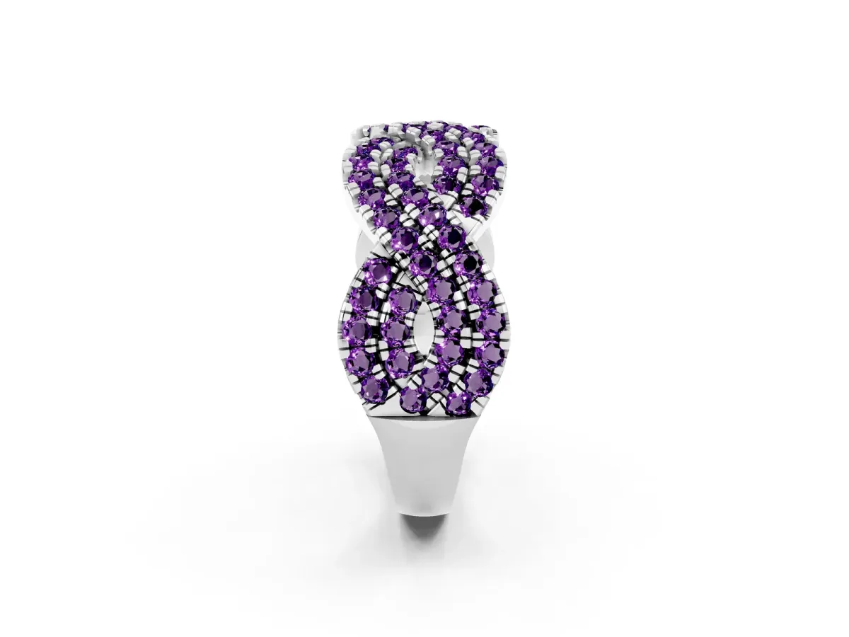 Pavé Round Amethyst Infinity Twist Band with Shared Prong Setting Silver