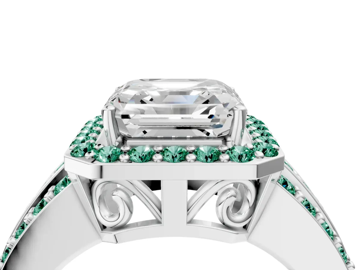 Asscher Cut Halo Diamond Ring with Round Green Sapphire Split Shank and Prong Setting Silver