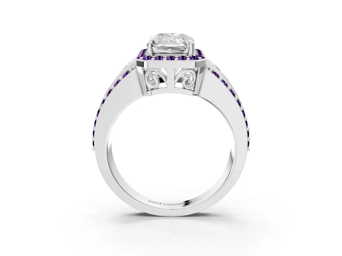 Radiant Cut Halo Diamond Ring with Round Amethyst Split Shank and Prong Setting Silver