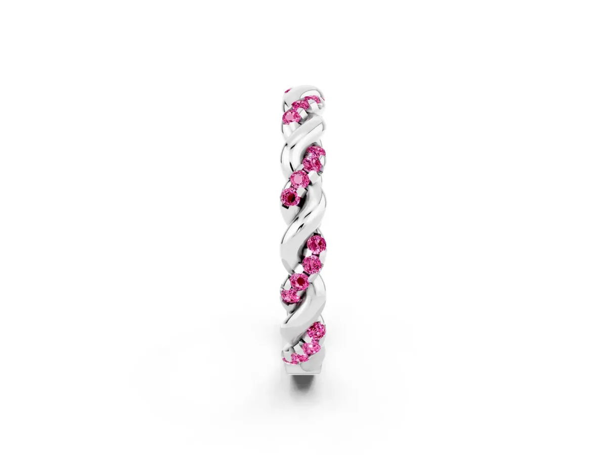Twisted Pavé Round Pink Sapphire Eternity Band Silver