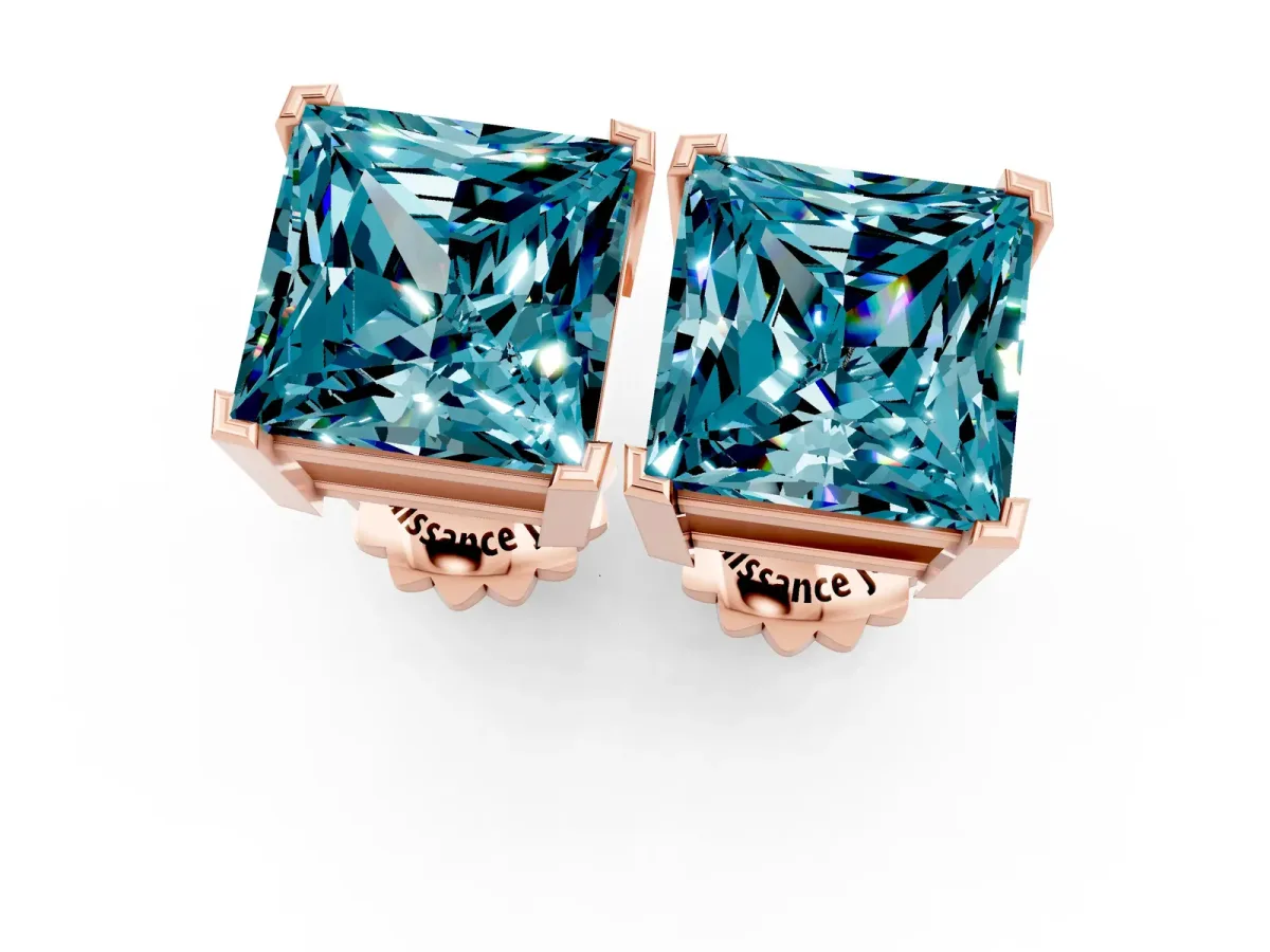 Princess Cut Blue Topaz Stud Earrings Rose gold