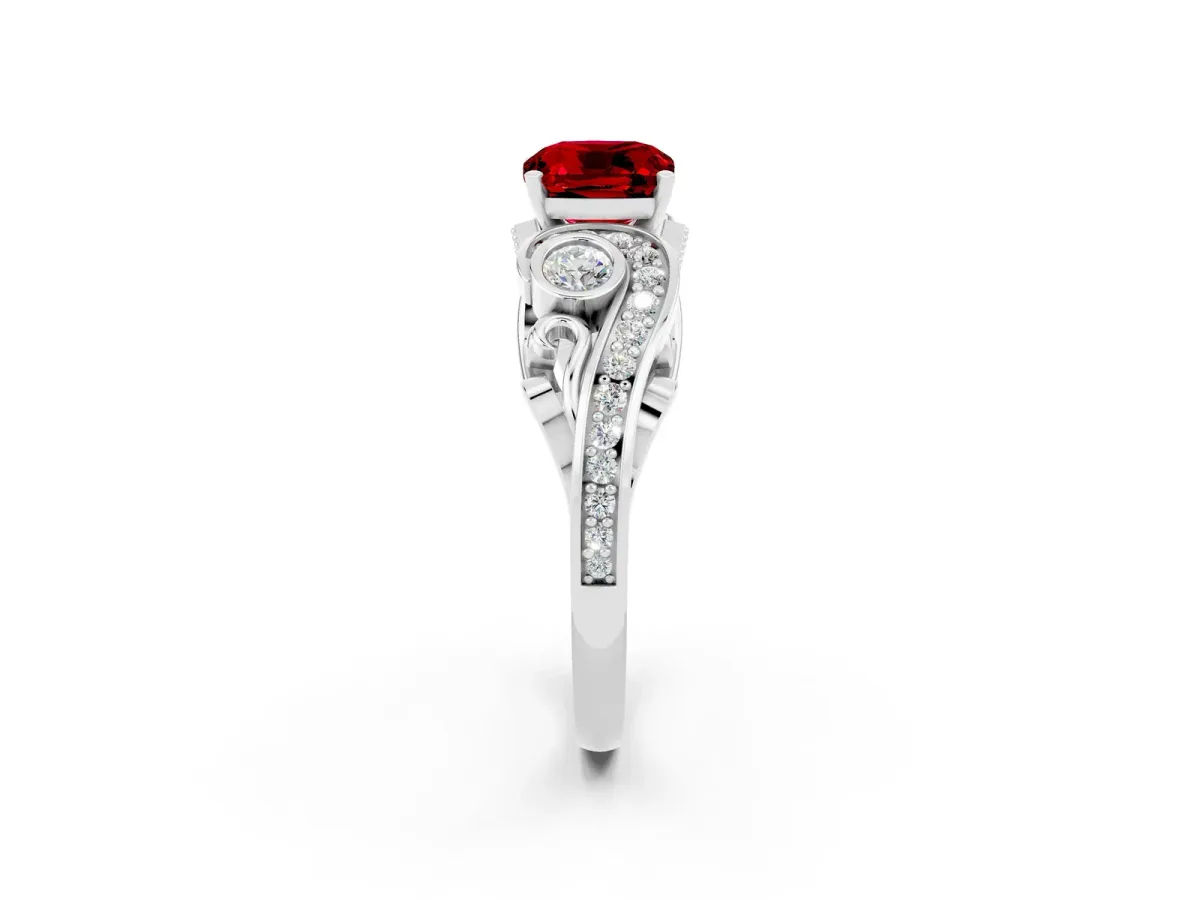 Cushion Cut Ruby Solitaire Ring with Milgrain Pavé Band and Four-Prong Setting Silver
