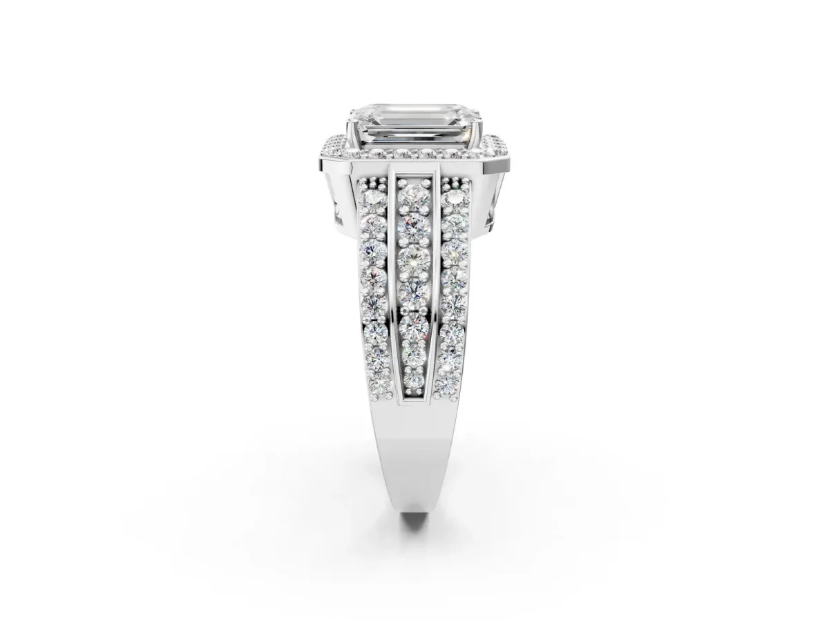 Emerald Cut Halo Diamond Ring with Round Split Shank and Prong Setting Platinum