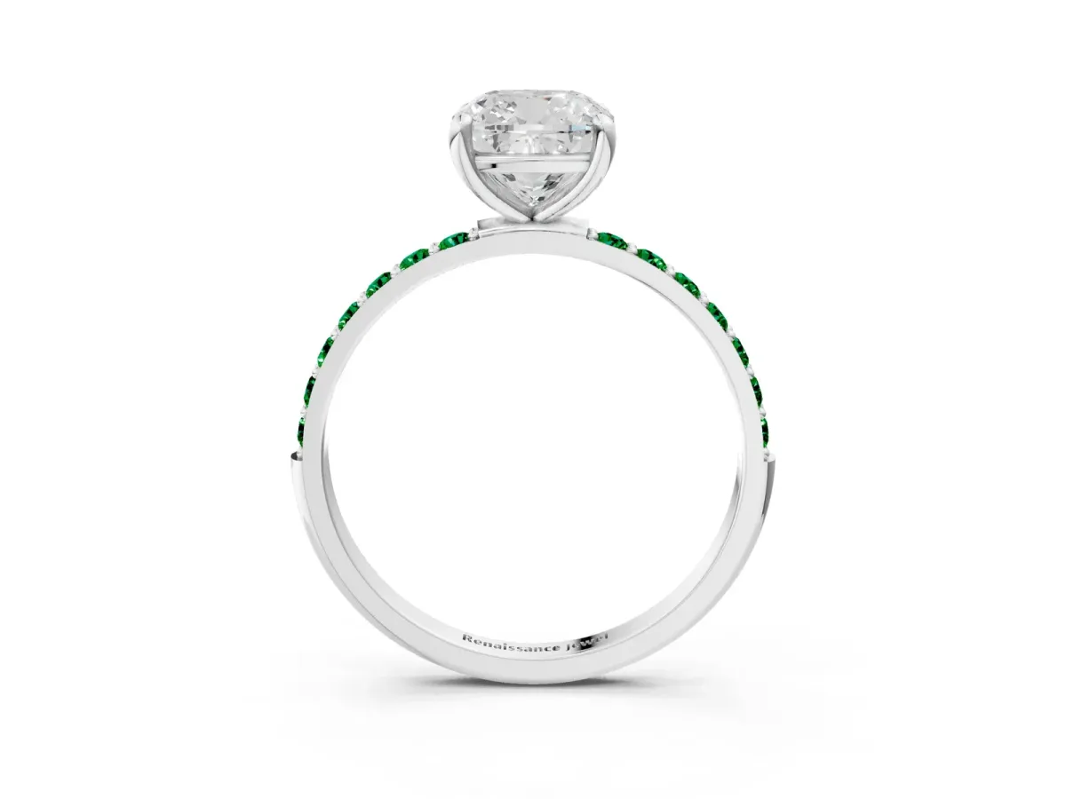 Cushion Cut Diamond Solitaire Ring with Round Emerald Pavé Band and Prong Setting Silver