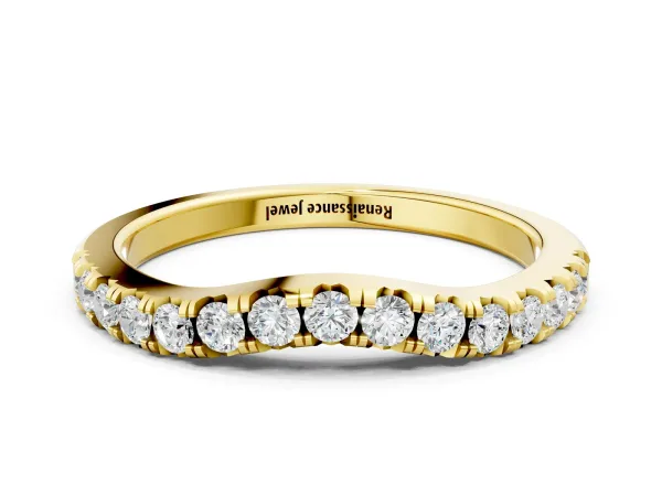 Round Diamond Curved Pavé Wedding Band with Shared Prong Setting Yellow gold