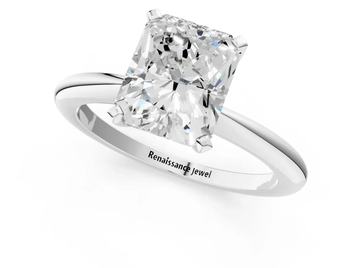 Radiant Cut Diamond Solitaire Ring with Six-Prong Setting and Classic Band Platinum