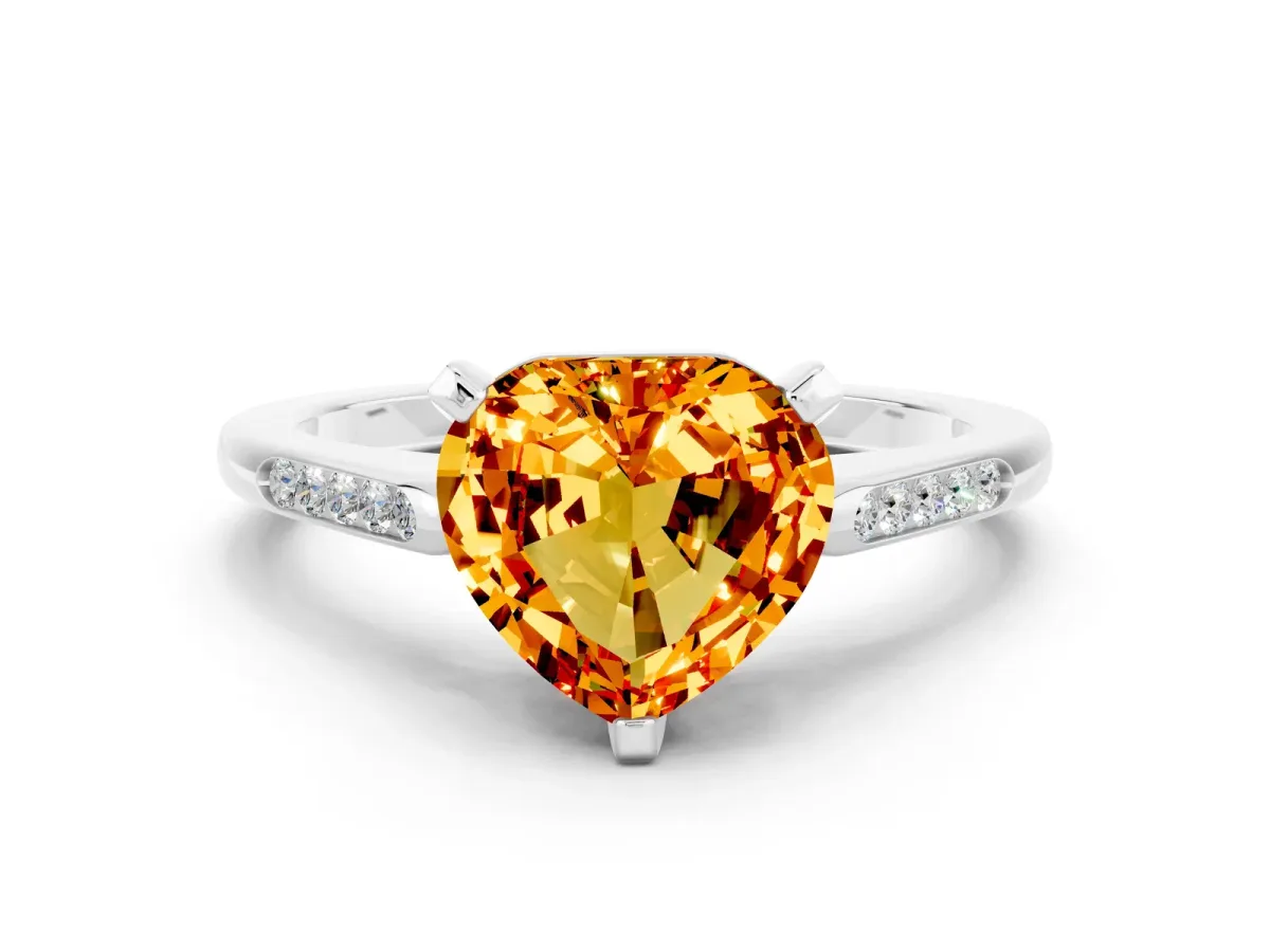 Heart Cut Citrine Solitaire Ring with Channel Set Round Band and Prong Setting Silver