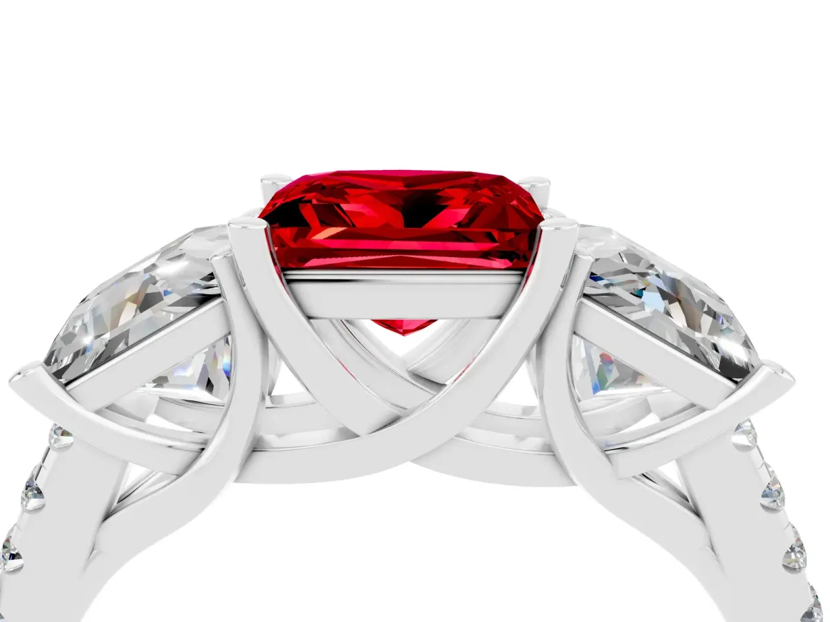 Three-Stone Princess Cut Ruby Ring with Round Pavé Band and Prong Setting Platinum