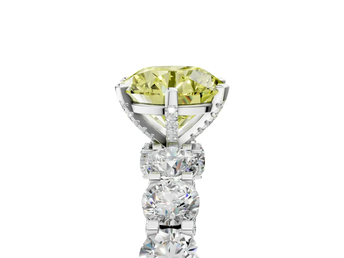Fancy Yellow Round Cut Diamond Side Stone Engagement Ring with Four-Prong Setting White gold