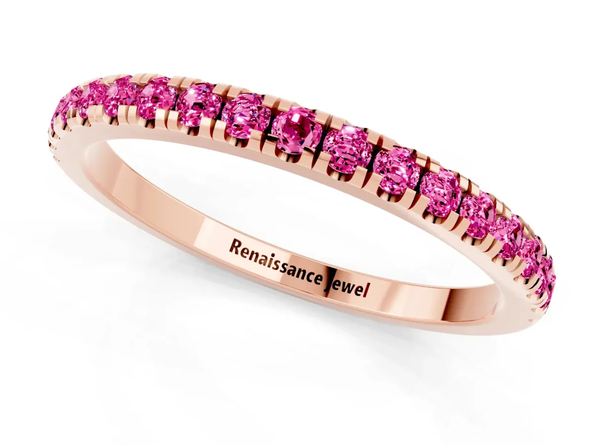Pavé Round Pink Sapphire Half Eternity Band with Shared Prong Setting Rose gold
