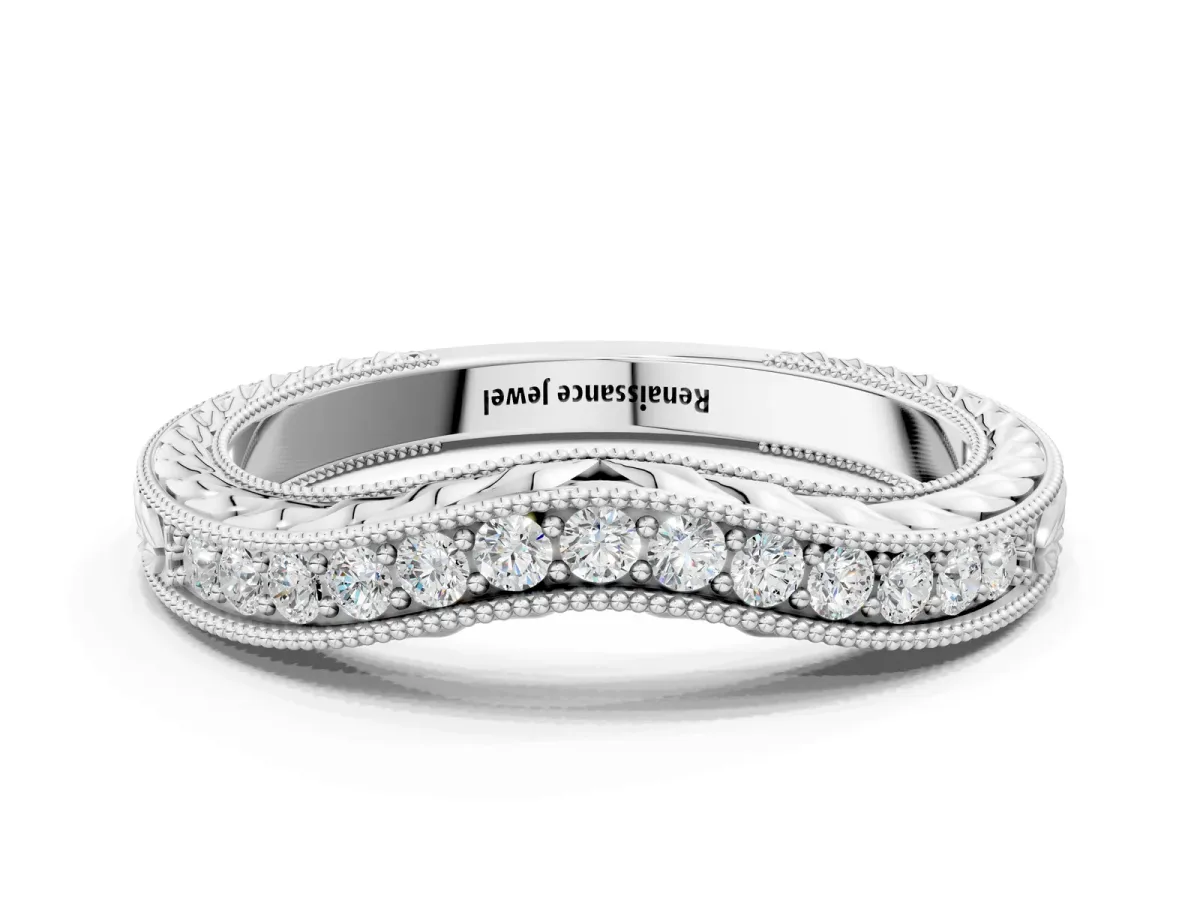 Milgrain Round Diamond Curved Eternity Band with Pavé Setting Silver