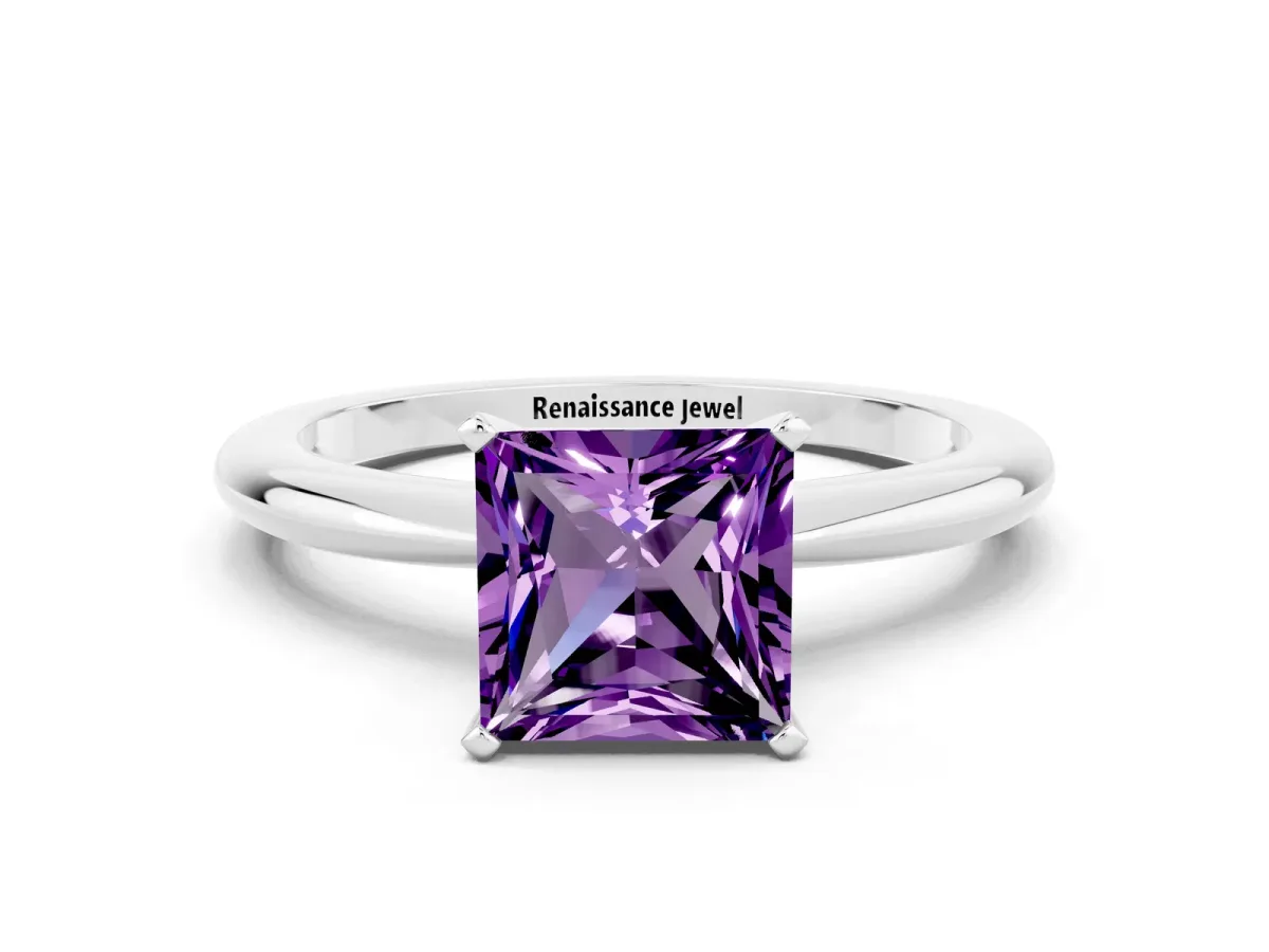 Princess Cut Amethyst Solitaire Ring with Six-Prong Setting and Classic Band Silver