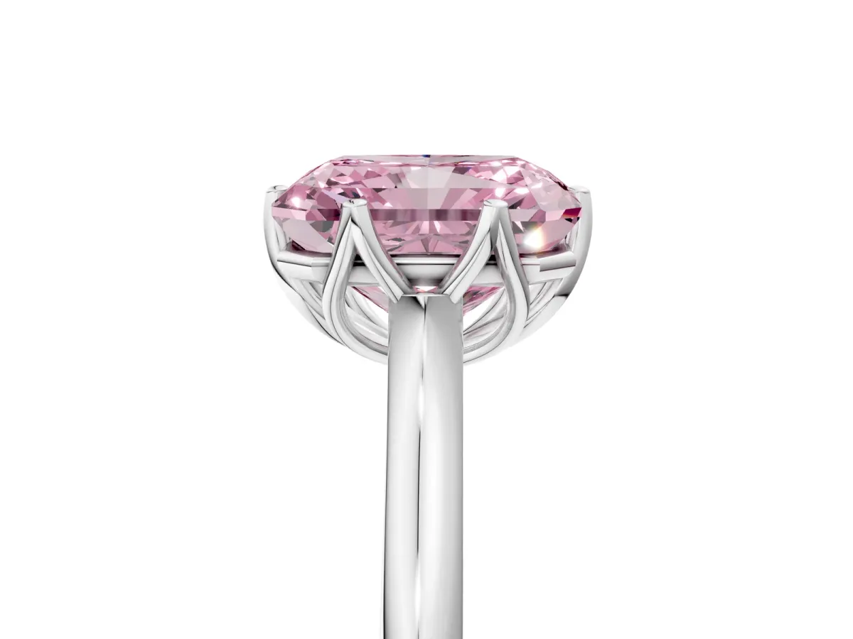 Fancy Pink Radiant Cut Solitaire Cathedral Diamond Ring with Six-Prong Setting Platinum