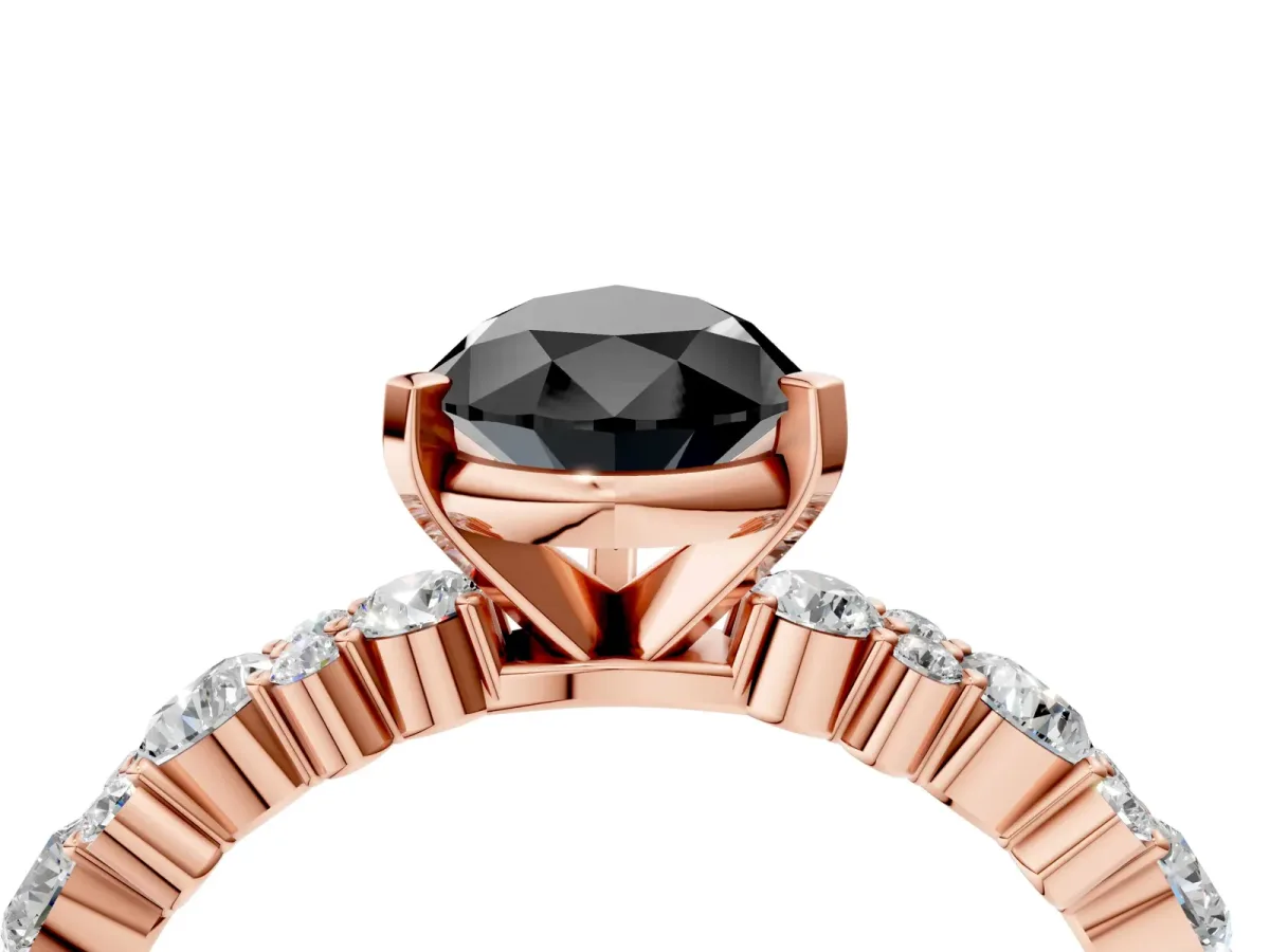 Fancy Black Pear Cut Diamond Side Stone Solitaire Ring with Round and Four-Prong Setting Rose gold